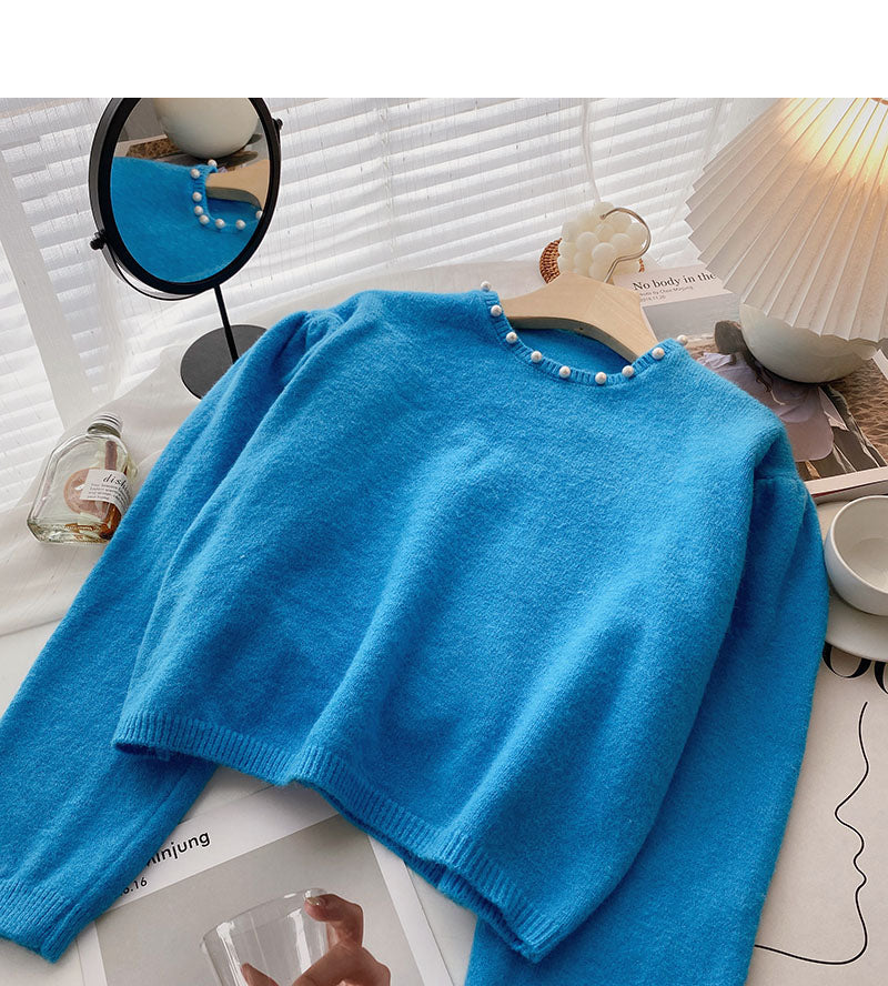 Vintage Design nail bead crew neck loose sweater fashion  6579