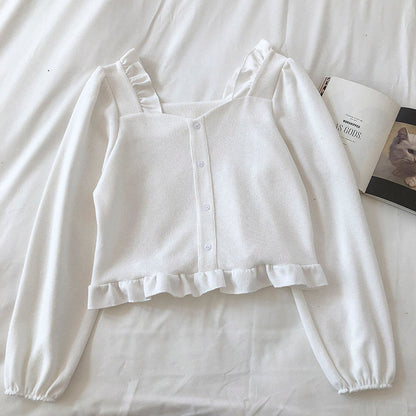 Corduroy Ruffle square collar collarbone short shirt  6246