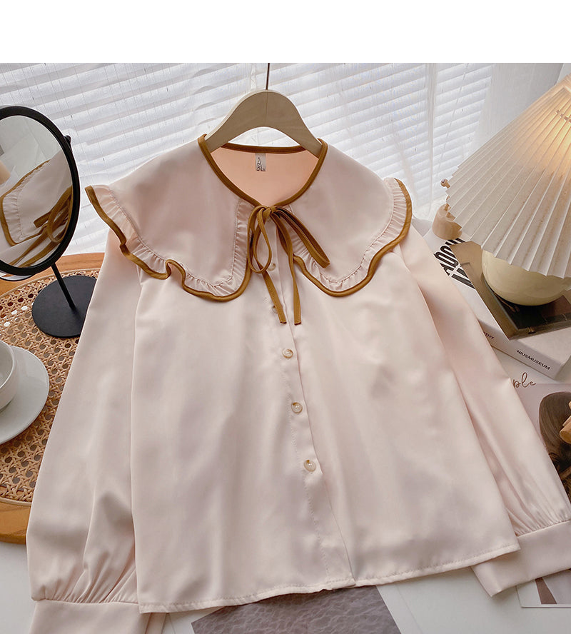 Design sense lace bandage doll neck slim long sleeve top  6391