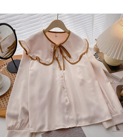 Design sense lace bandage doll neck slim long sleeve top  6391