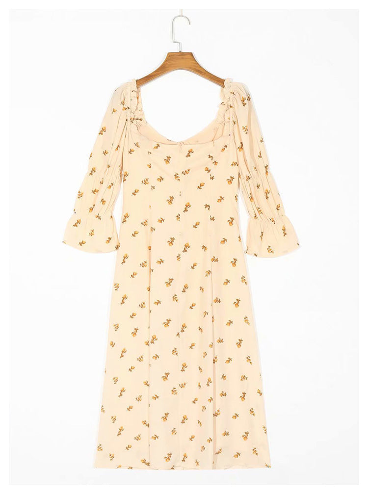 French girl style square neck bow tie lace up bubble sleeve Floral Dress  7044
