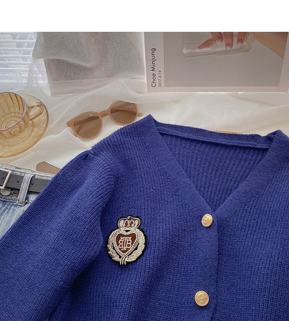 Korean college style personalized badge V-Neck long sleeve aging top  5976