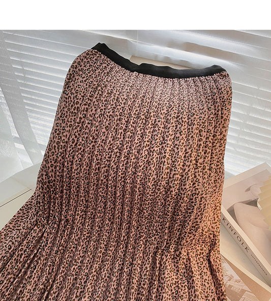 Hong Kong style retro leopard print thin pleated A-line skirt  5744