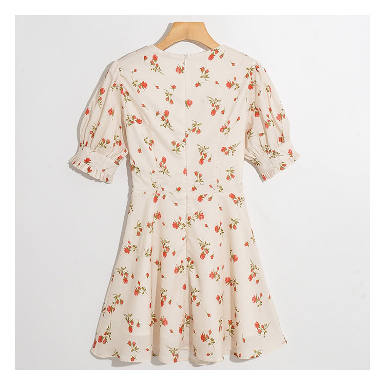 New fashion versatile flower print V-neck slim bandage bubble sleeve dress  7025