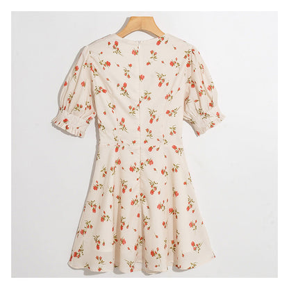 New fashion versatile flower print V-neck slim bandage bubble sleeve dress  7025