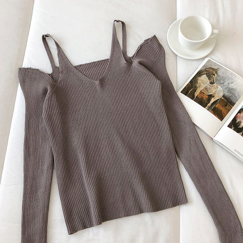 Off shoulder suspender long sleeve slim fit sweater for women  6462