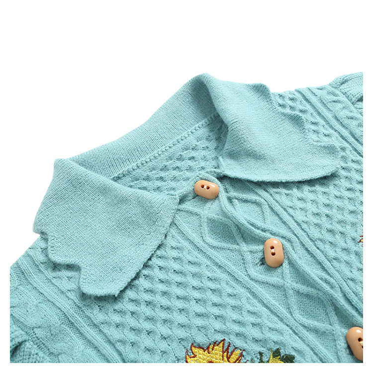 Vintage sunflower embroidered twist sweater coat  7518