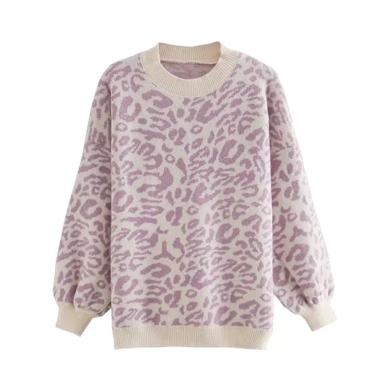Loose Pullover lazy long sleeve leopard jacquard sweater  7464