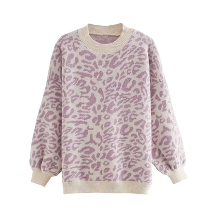 Loose Pullover lazy long sleeve leopard jacquard sweater  7464