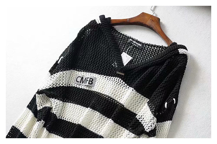 Hong Kong Style Vintage stripe hollowed out design Hooded Sweater  7280
