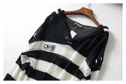 Hong Kong Style Vintage stripe hollowed out design Hooded Sweater  7280