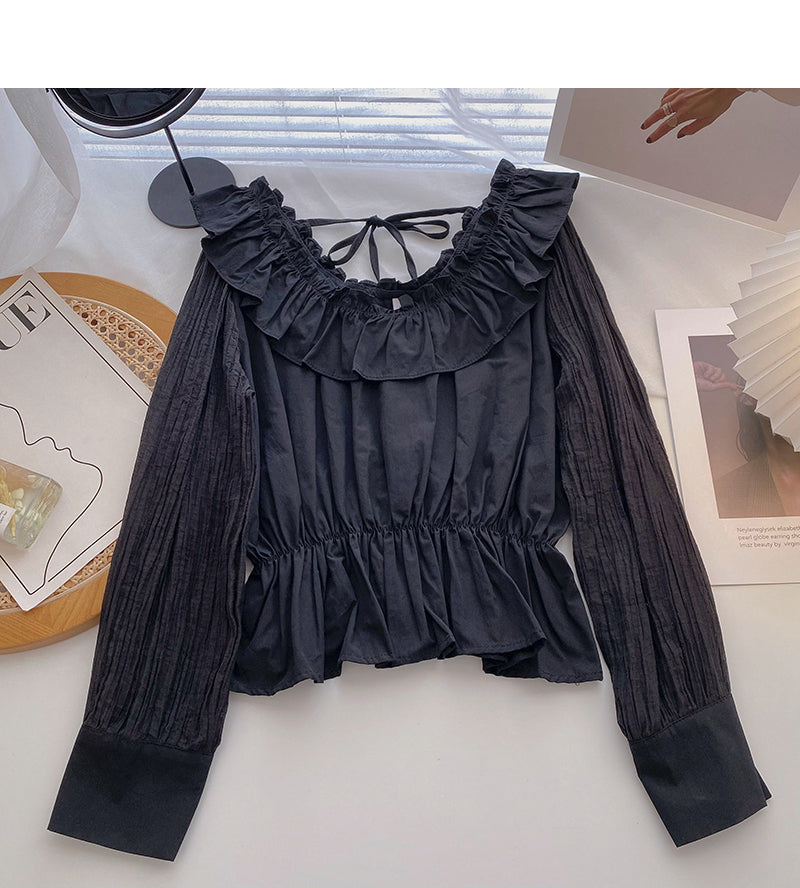 Lace up Ruffle round neck shirt with slim waist  6434