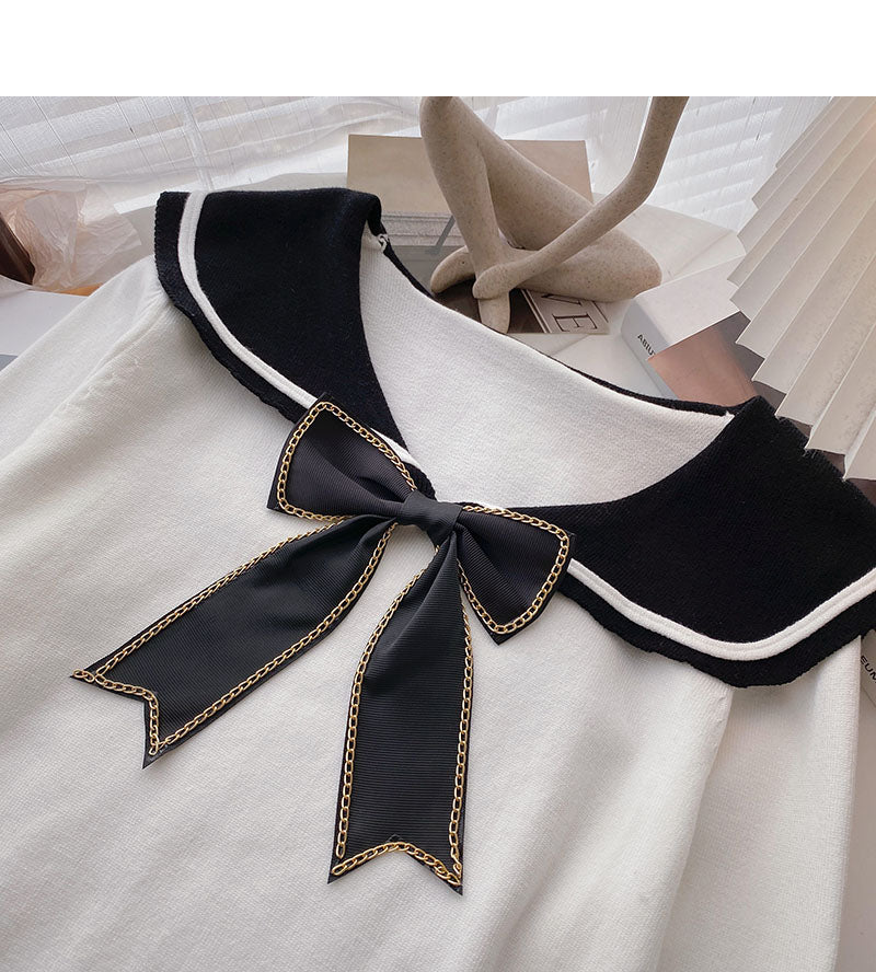 Long sleeved sweater personalized bow Navy collar top  6690