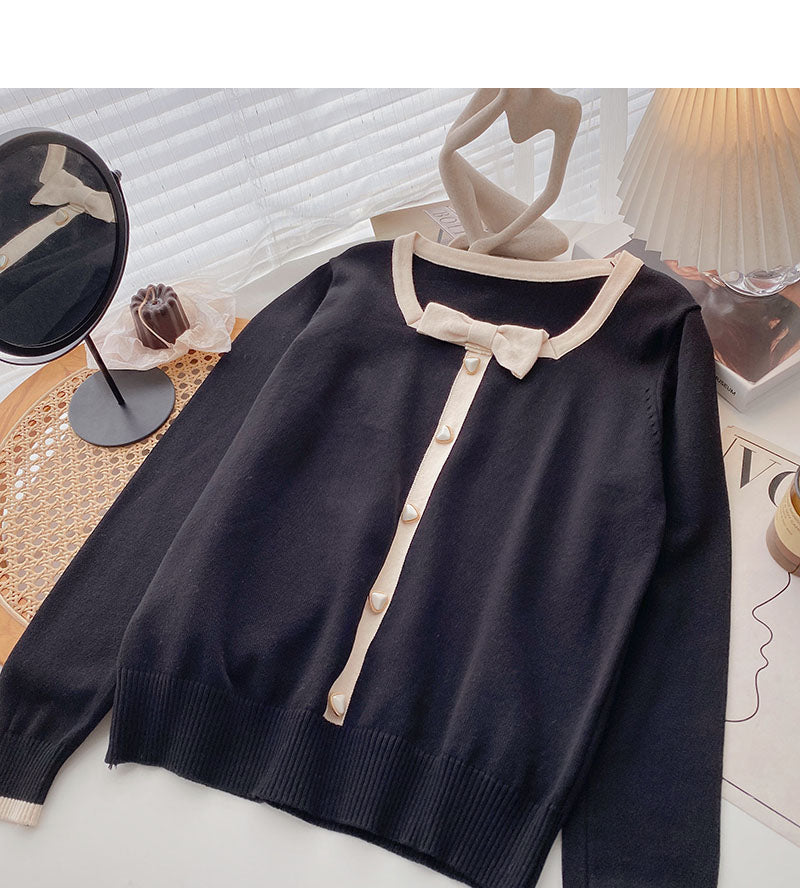 Gentle temperament thin retro bow color matching long sleeve top  6675