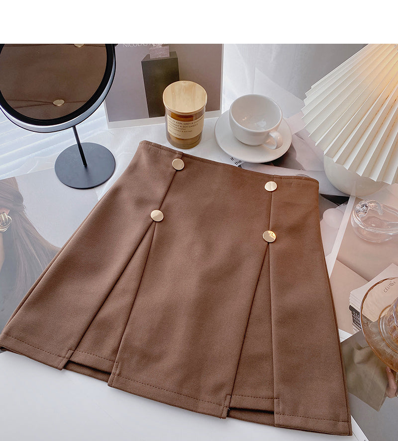Niche design double row buttons show thin crimp high waist skirt  5652