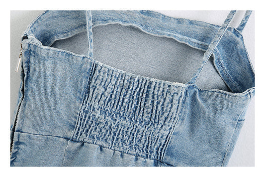 Suspender commuter style shoulder strap denim dress  7021