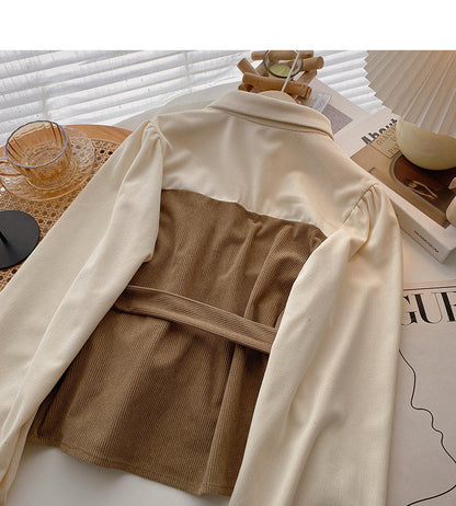 New Korean retro slim waist closed fake two-piece top  6399