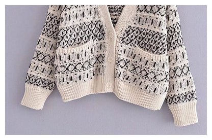 Retro lazy jacquard knitted cardigan coat sweater  7463