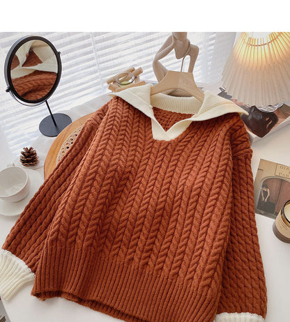 Loose and lazy wind twist sweater color contrast Lapel top  6095