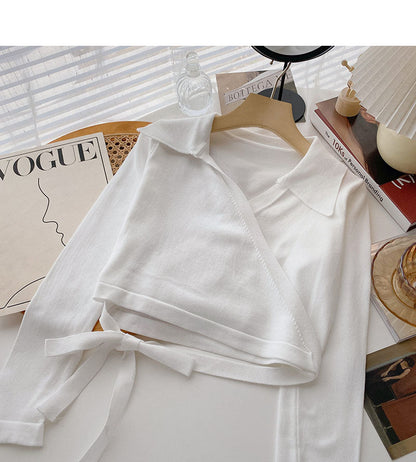 Niche design cross Lapel strap short sweater  6617