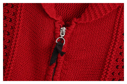 Contrast jacquard stand collar zipper knitted cardigan coat  7428