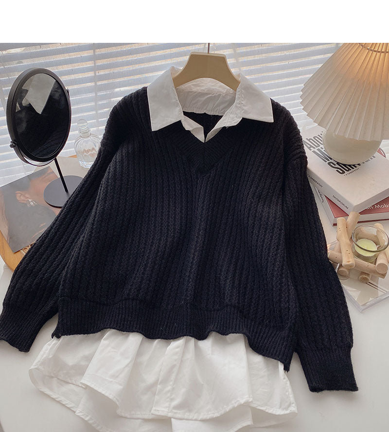 Vintage shirt stitched sweater fake two women  6001