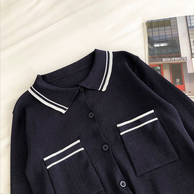 Lapel single breasted cardigan Vintage long sleeve sweater women  6549