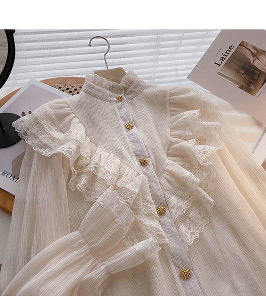 Stitched lace stand collar Long Sleeve Shirt  6396