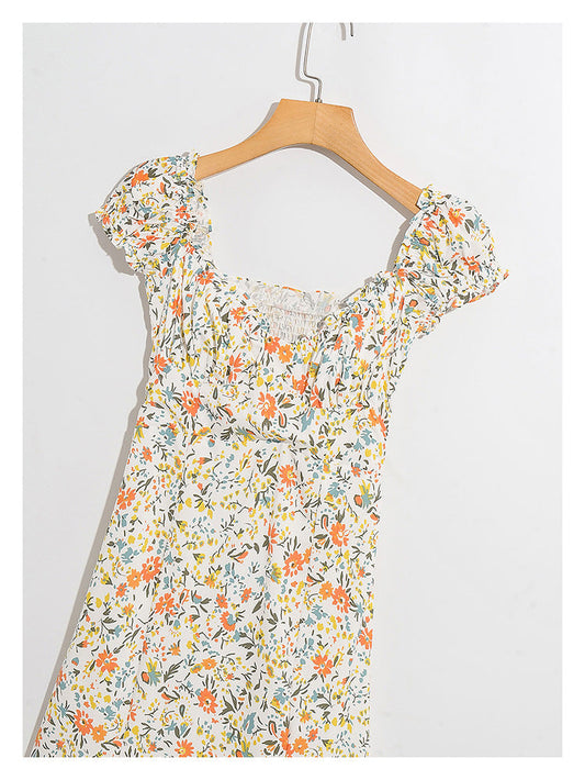 Wind garden small broken flower decoration low breast long dress  7030