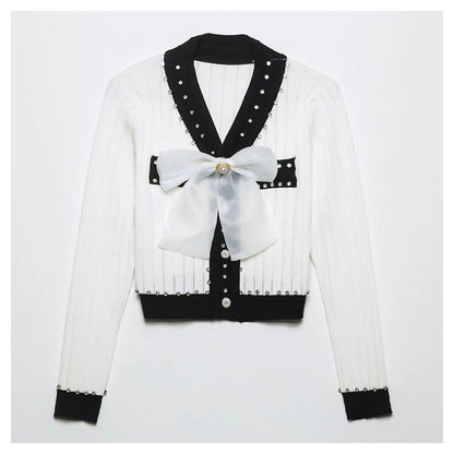 Xiaoxiangfeng V-neck heavy industry rivet bow knit cardigan  7294