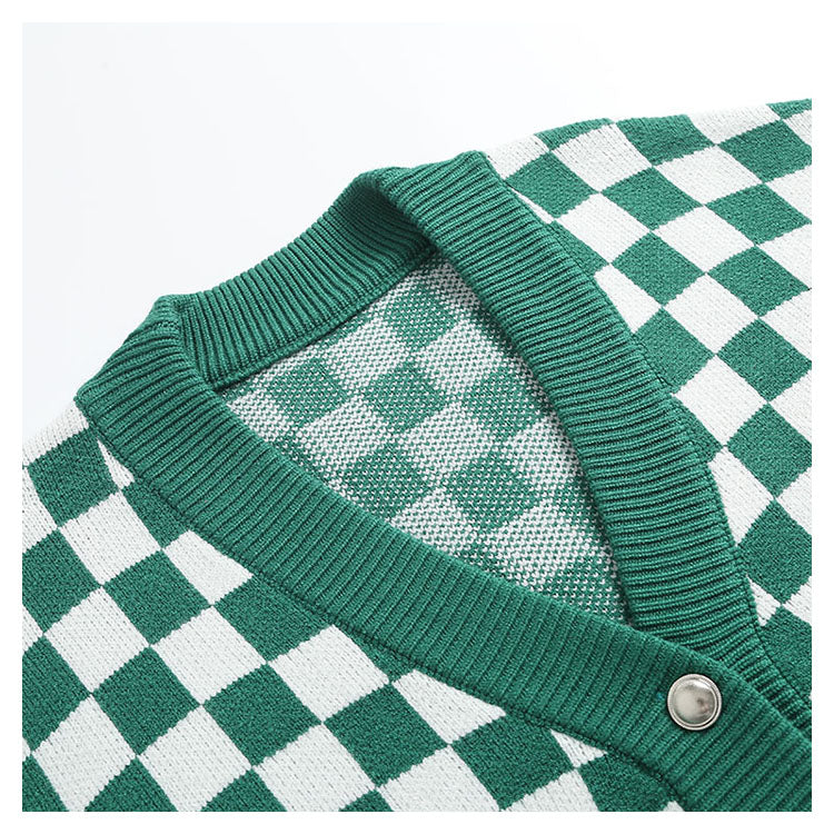 Vintage chessboard Plaid V-neck knitted jacket  7485
