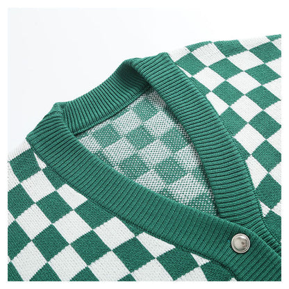 Vintage chessboard Plaid V-neck knitted jacket  7485