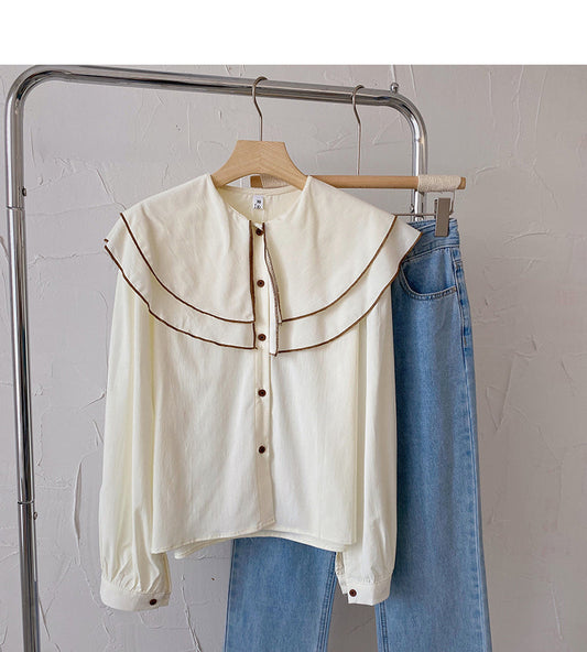 Baby collar long sleeve Vintage shirt casual loose top fashion  6431