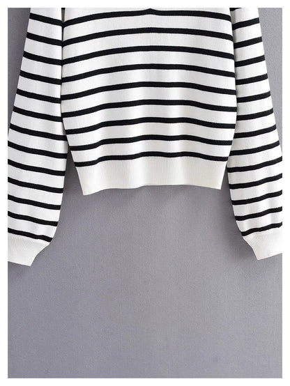 Minority retro lazy black and white striped sweater knitwear female  7493