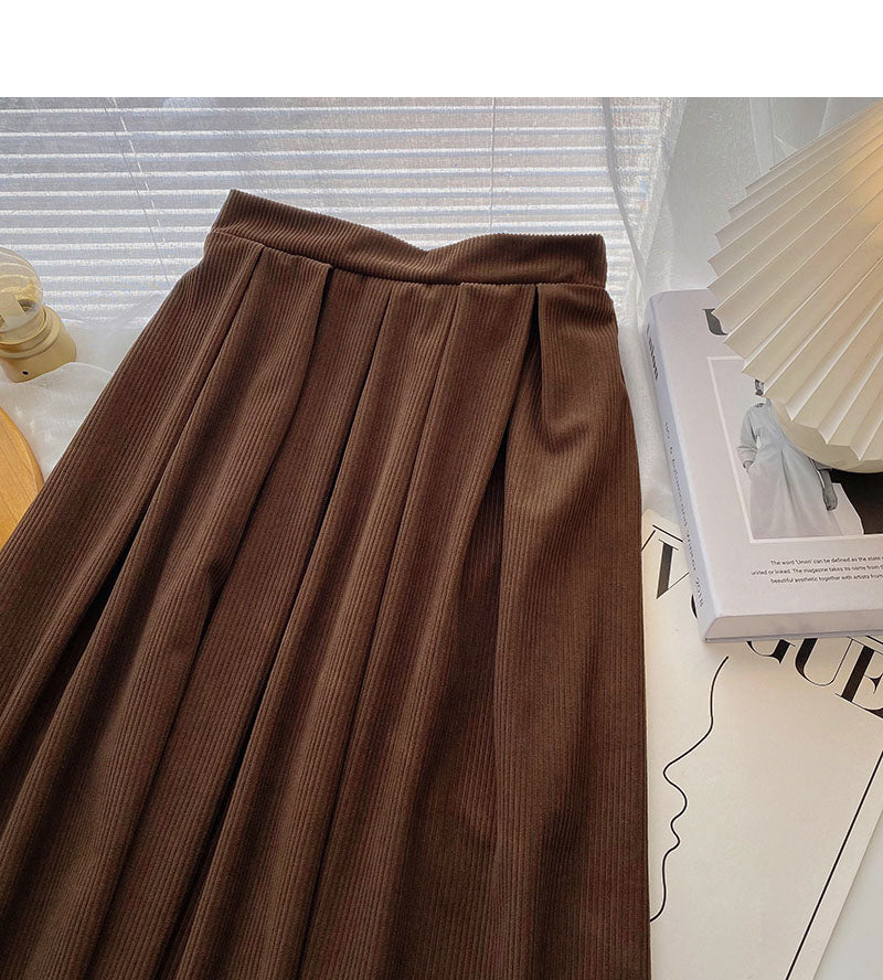 Simple high waist corduroy A-shaped medium length skirt  5784
