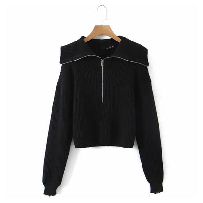 Versatile large lapel zip Pullover Sweater  7283