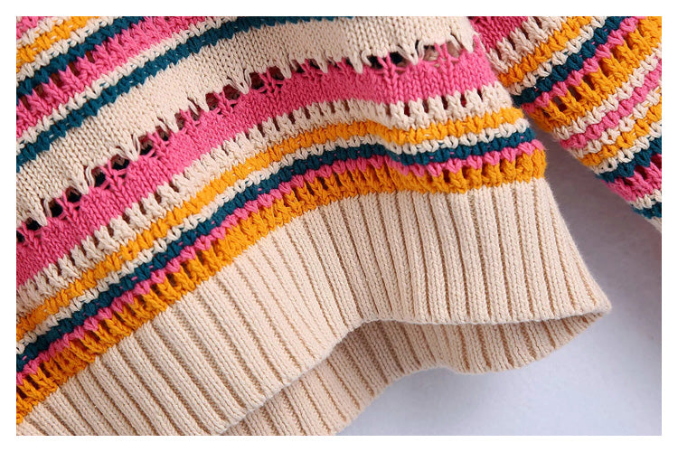 Hollow out color stripe round neck sweater  7255