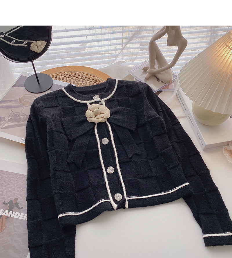 Xiaoxiang style pattern short sweater coat bow flower long sleeve top  6190