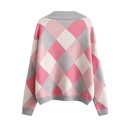 Diamond check V-neck button loose casual knitted cardigan sweater  7360