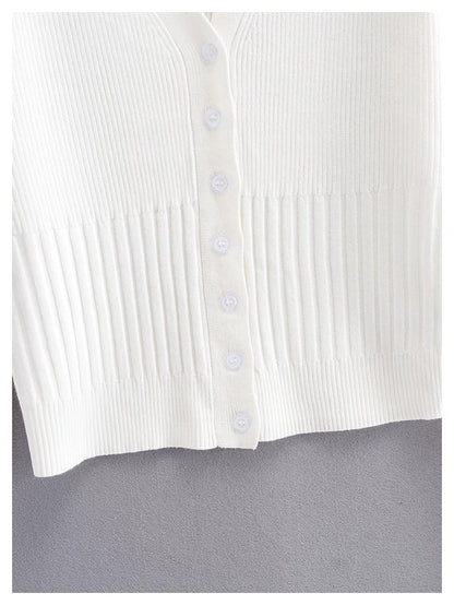 V-neck knitted cardigan slim single breasted short sweater coat  7451