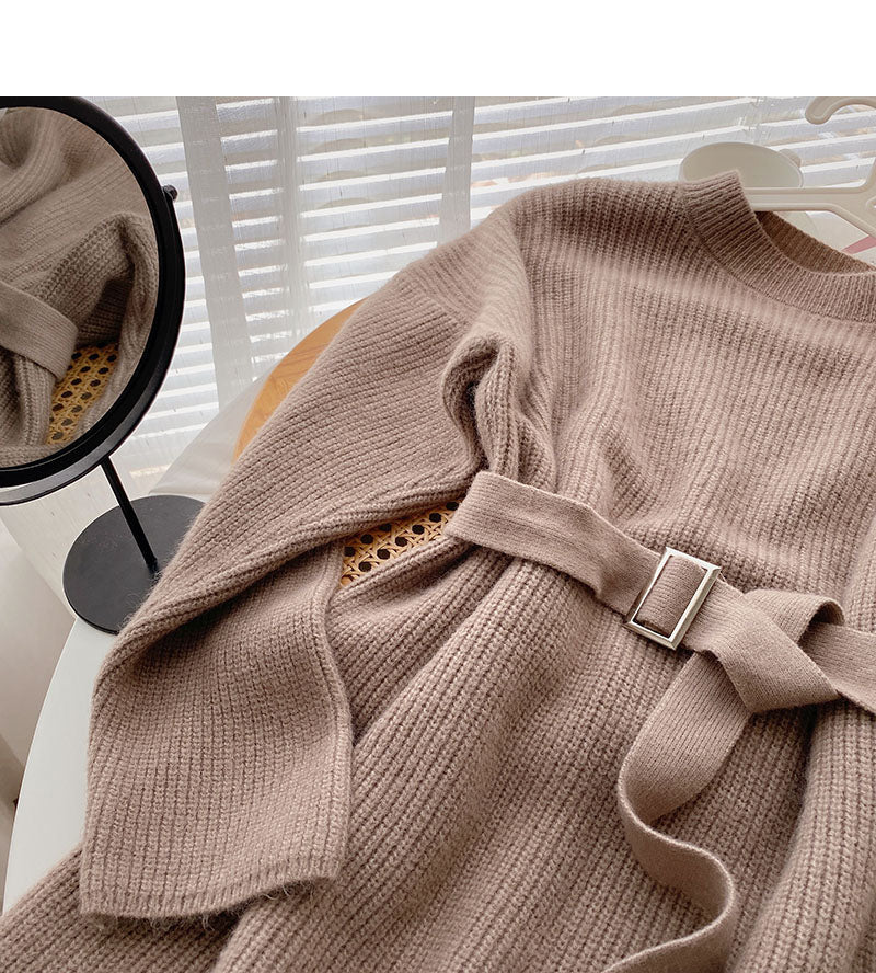 Design sense temperament loose and thin round neck top with belt  5931