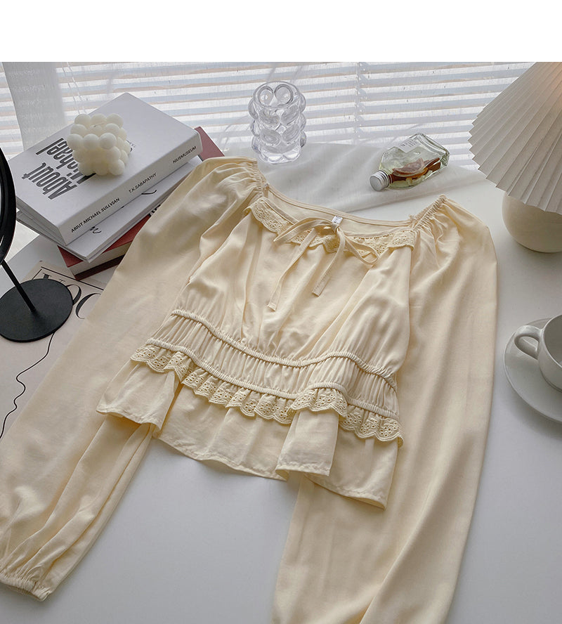 Fashion Lace Panel short long sleeve square neck top  6293