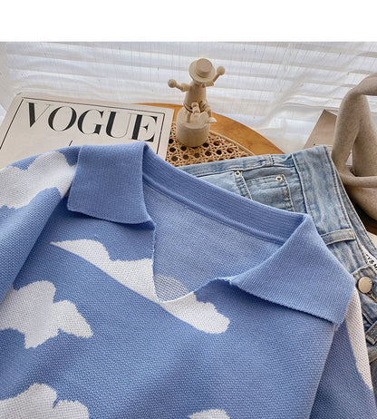 Long sleeve sweater contrast cloud Pullover Top  6532