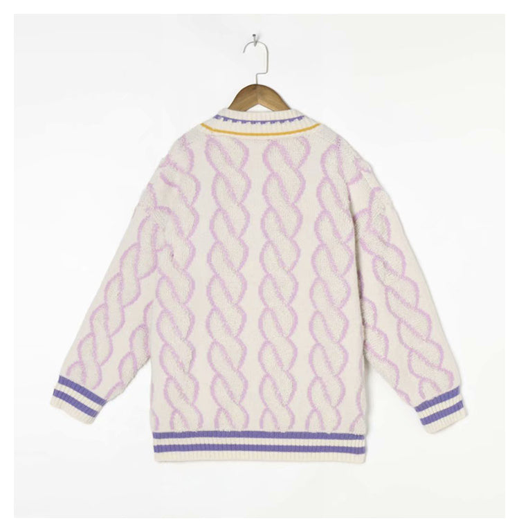 V-neck knitted cardigan autumn casual color matching twist sweater coat  7260
