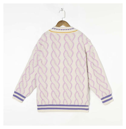 V-neck knitted cardigan autumn casual color matching twist sweater coat  7260