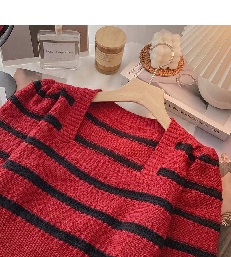 Striped Vintage square neck T-shirt short temperament top  6548
