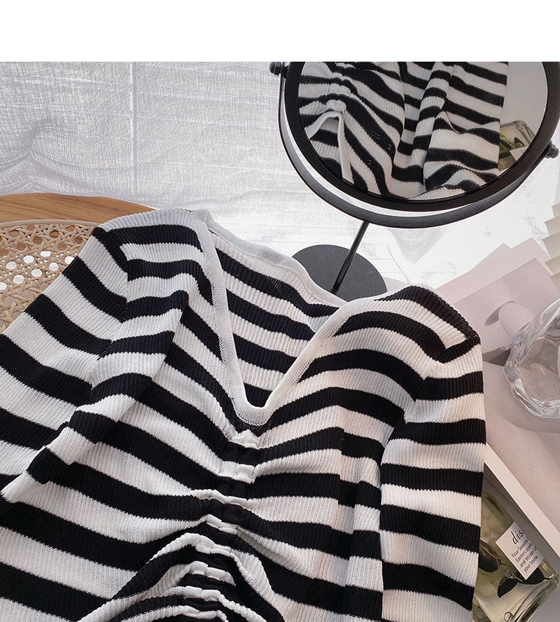 Long Sleeve Striped t-shirt design V-neck drawstring top  6485