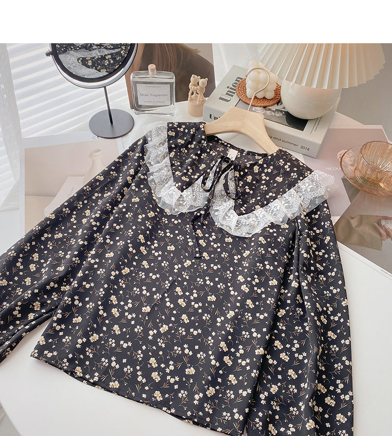 Lace lace up baby collar Floral Shirt  6371