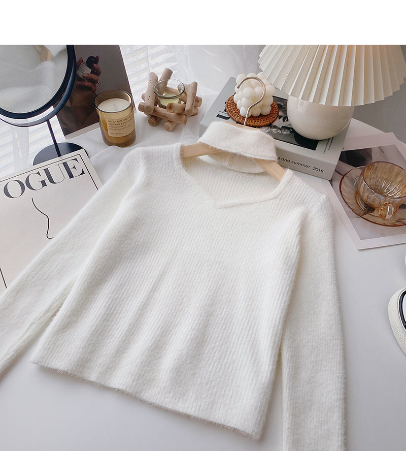 Imitation mink cashmere solid color sweater, niche design, hollow neck coat  6136