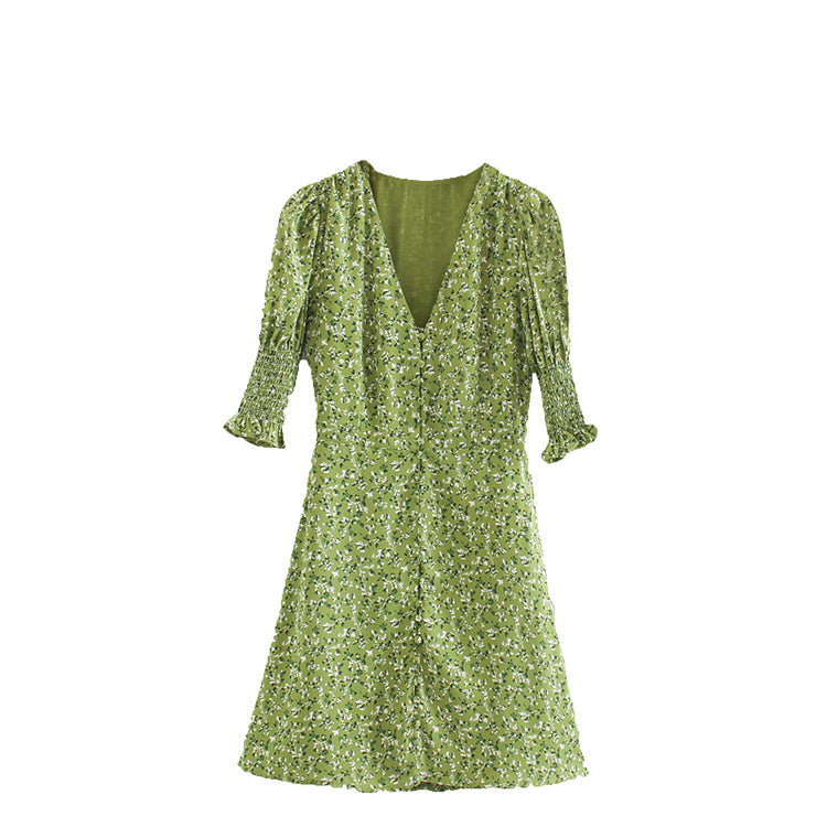 Light luxury holiday style French minority printed front breasted dress  7043
